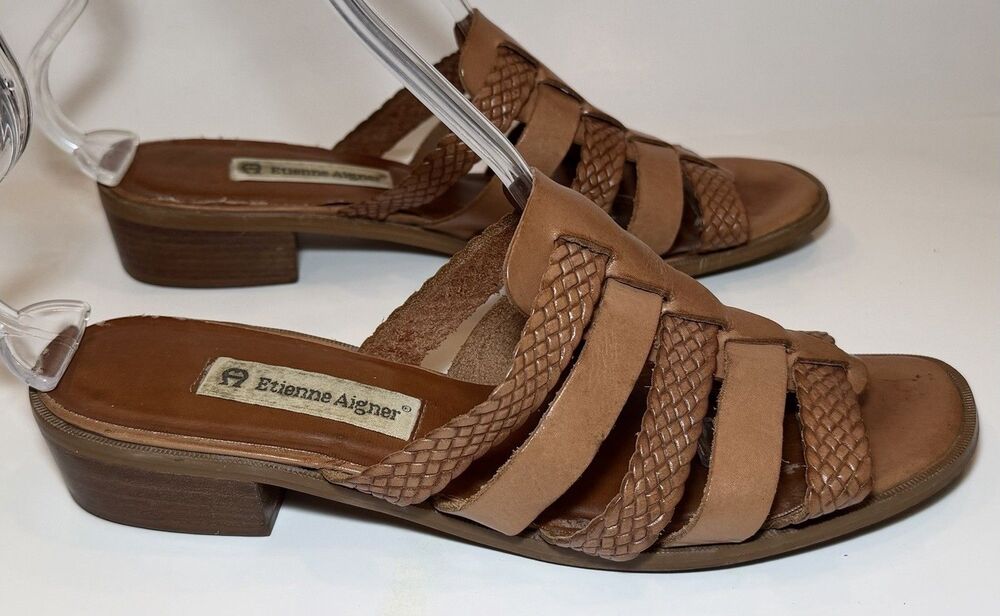 Vintage Etienne Aigner Waikiki Leather Woven Slide Sandals Brown 10M Brazil